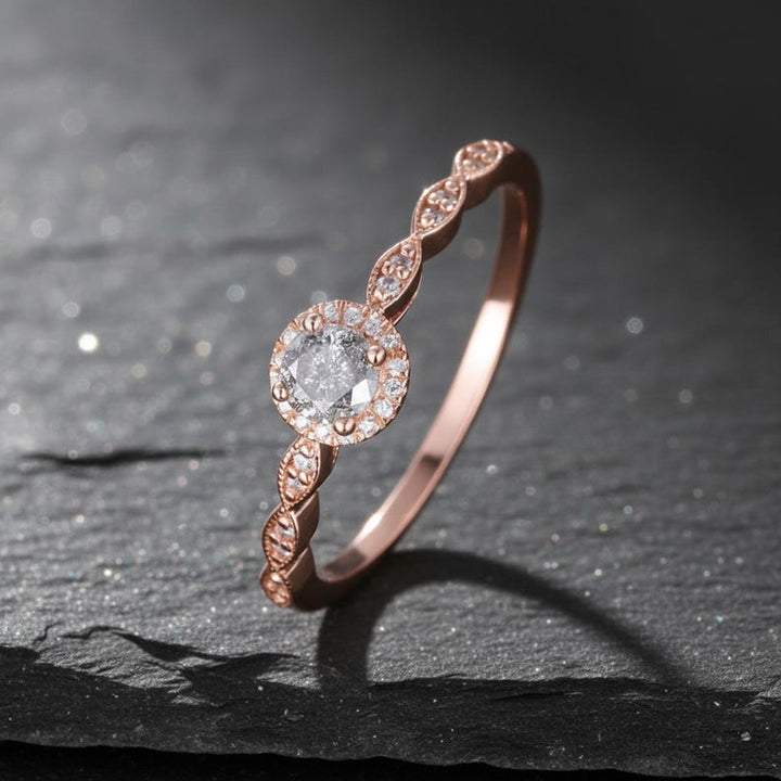 14K Rose Gold Natural Diamond Salt And Pepper Grey Diamond Unique Round-Cut Promise Ring