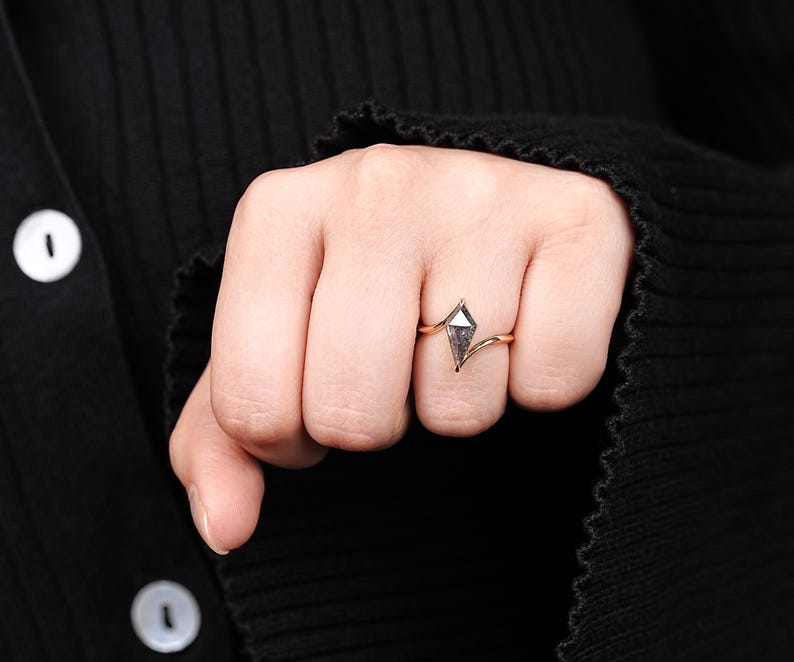 14K Rose Gold vintage kite salt and pepper diamond dainty minimalist ring