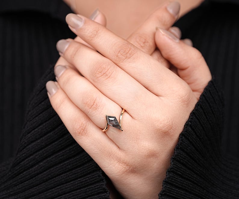 14K Rose Gold vintage kite salt and pepper diamond dainty minimalist ring