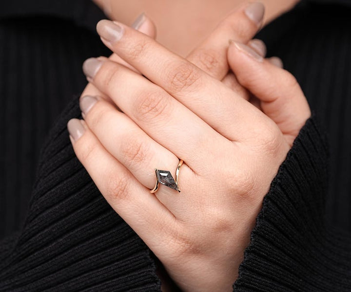 14K Rose Gold vintage kite salt and pepper diamond dainty minimalist ring