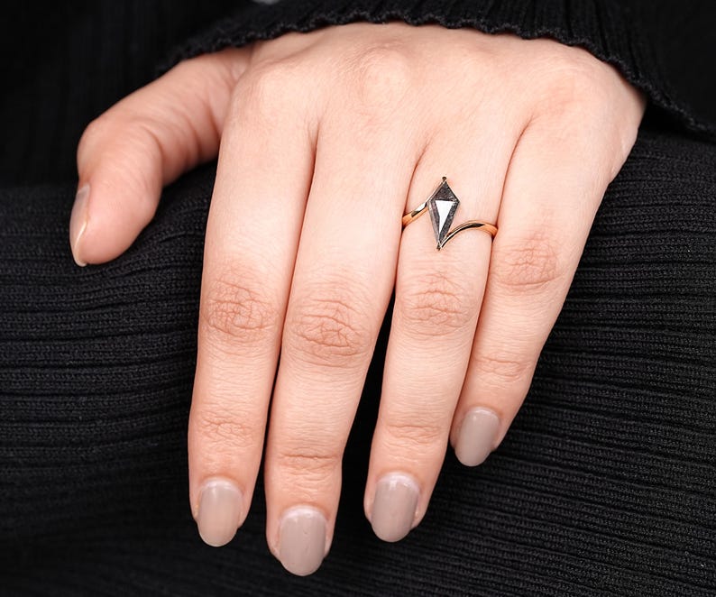 14K Rose Gold vintage kite salt and pepper diamond dainty minimalist ring