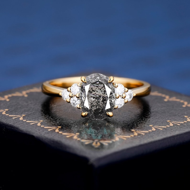 14K Rose Gold Classic Cluster Salt and Pepper Natural Diamond Engagement Ring