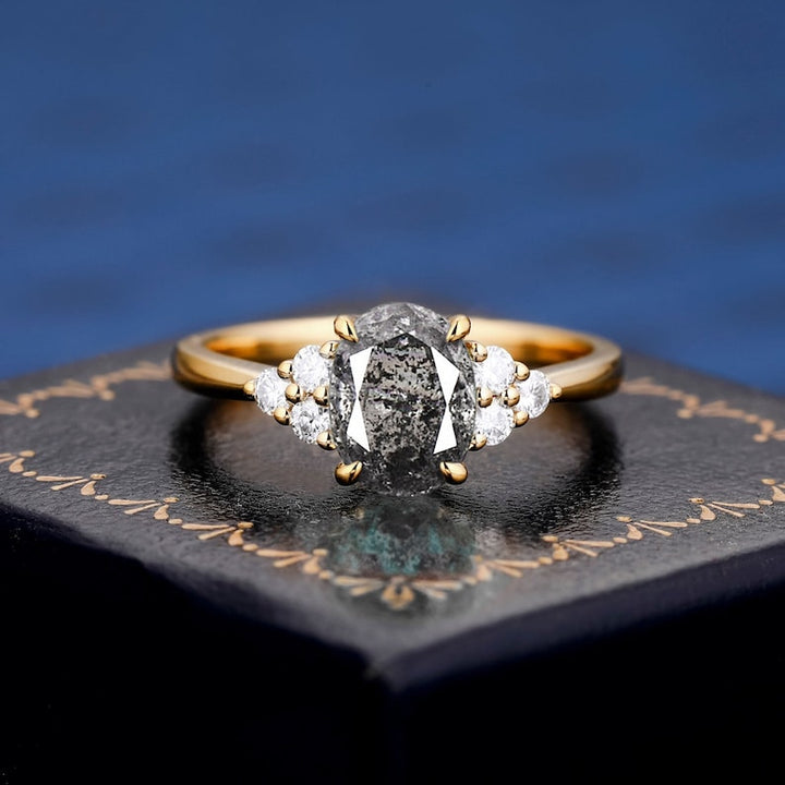 14K Rose Gold Classic Cluster Salt and Pepper Natural Diamond Engagement Ring