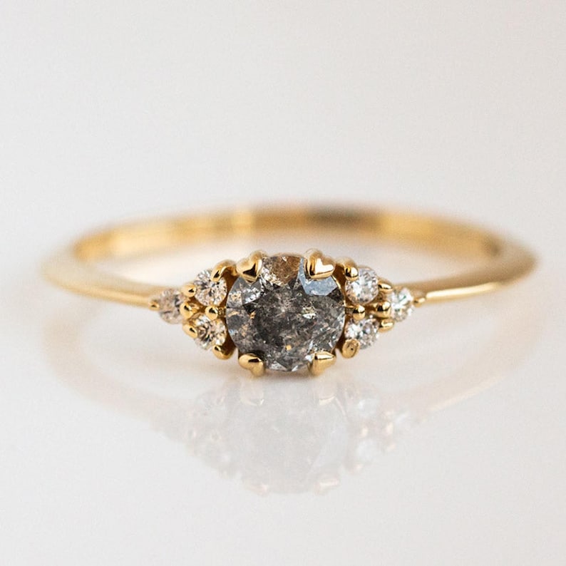 14K Gold cluster round cut salt and pepper diamond wedding ring