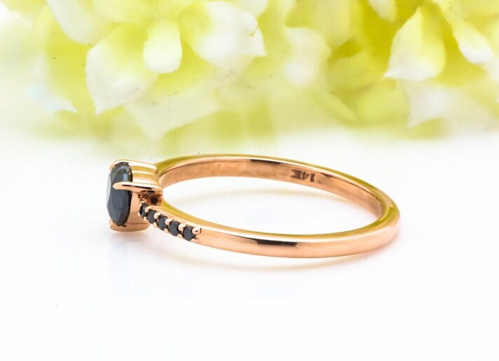 Heart Cut Black Diamond Ring, Natural Diamond 14K Rose Gold Engagement Ring
