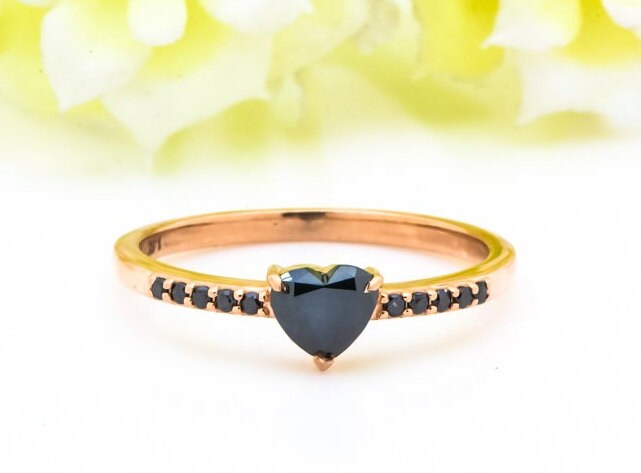 Heart Cut Black Diamond Ring, Natural Diamond 14K Rose Gold Engagement Ring