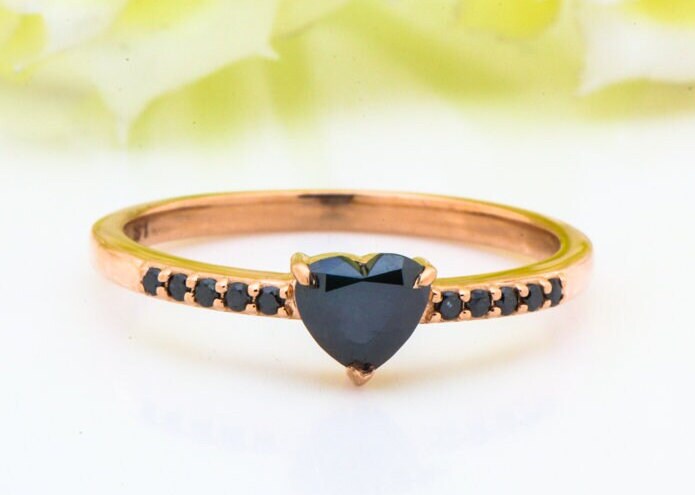 Heart Cut Black Diamond Ring, Natural Diamond 14K Rose Gold Engagement Ring