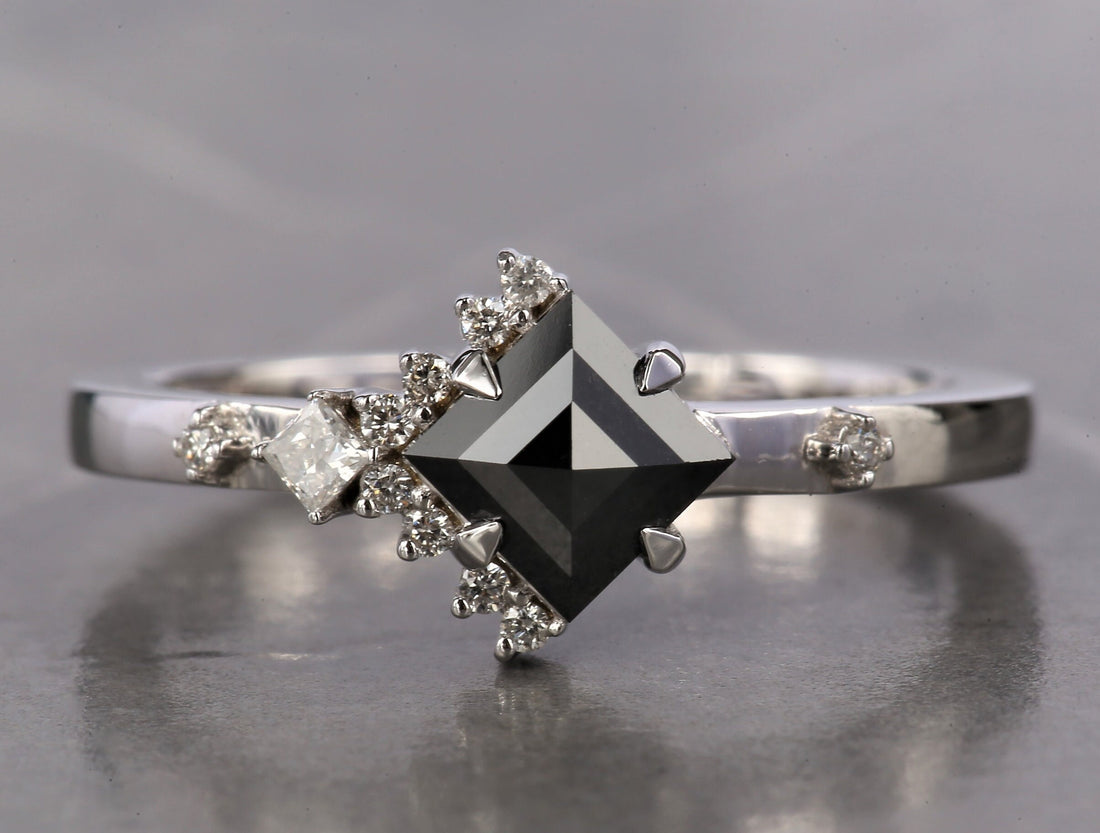 Square Cut Black Diamond Ring, Natural Diamond 14K White Gold Engagement Ring