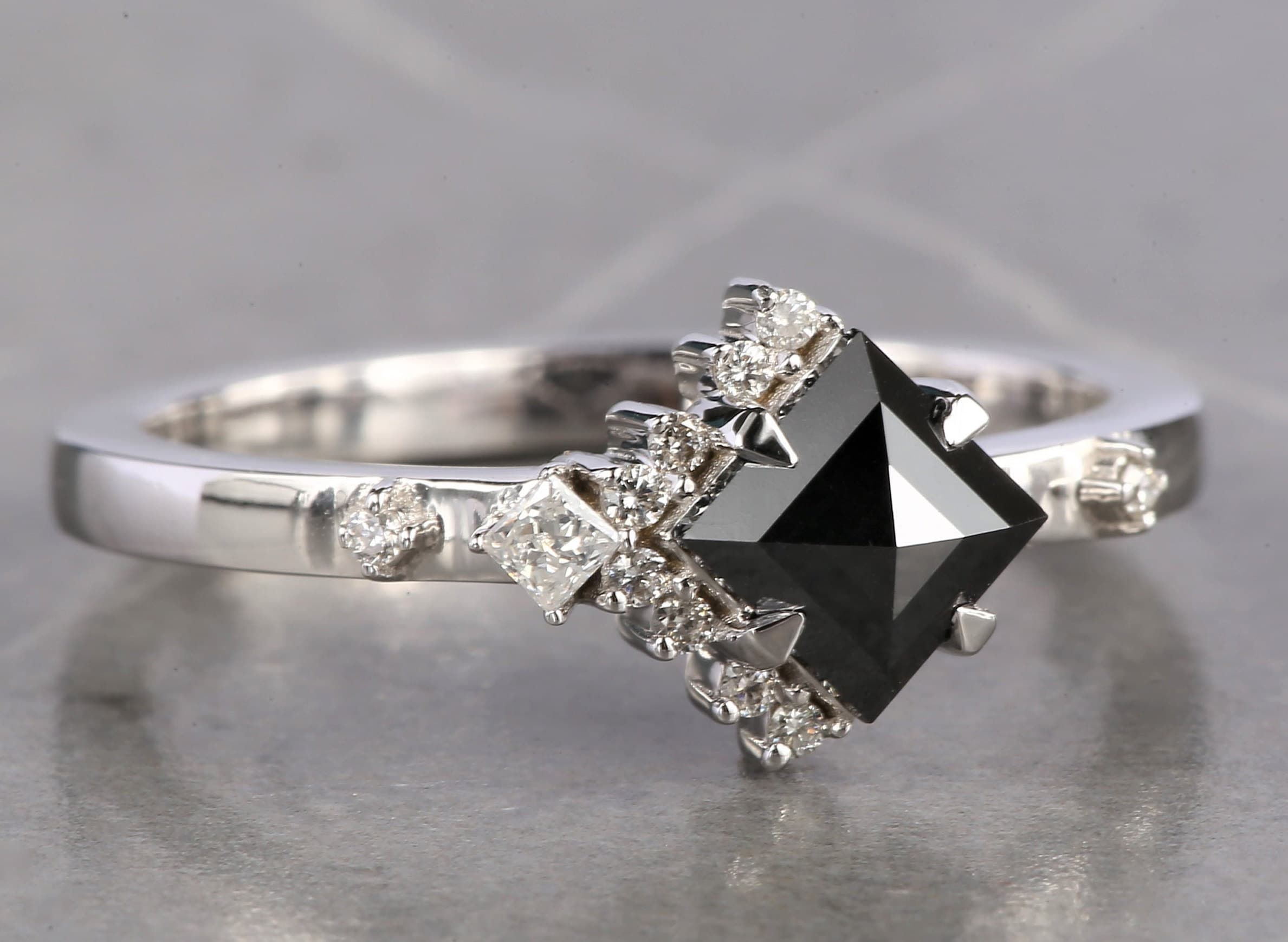 Square Cut Black Diamond Ring, Natural Diamond 14K White Gold Engagement Ring