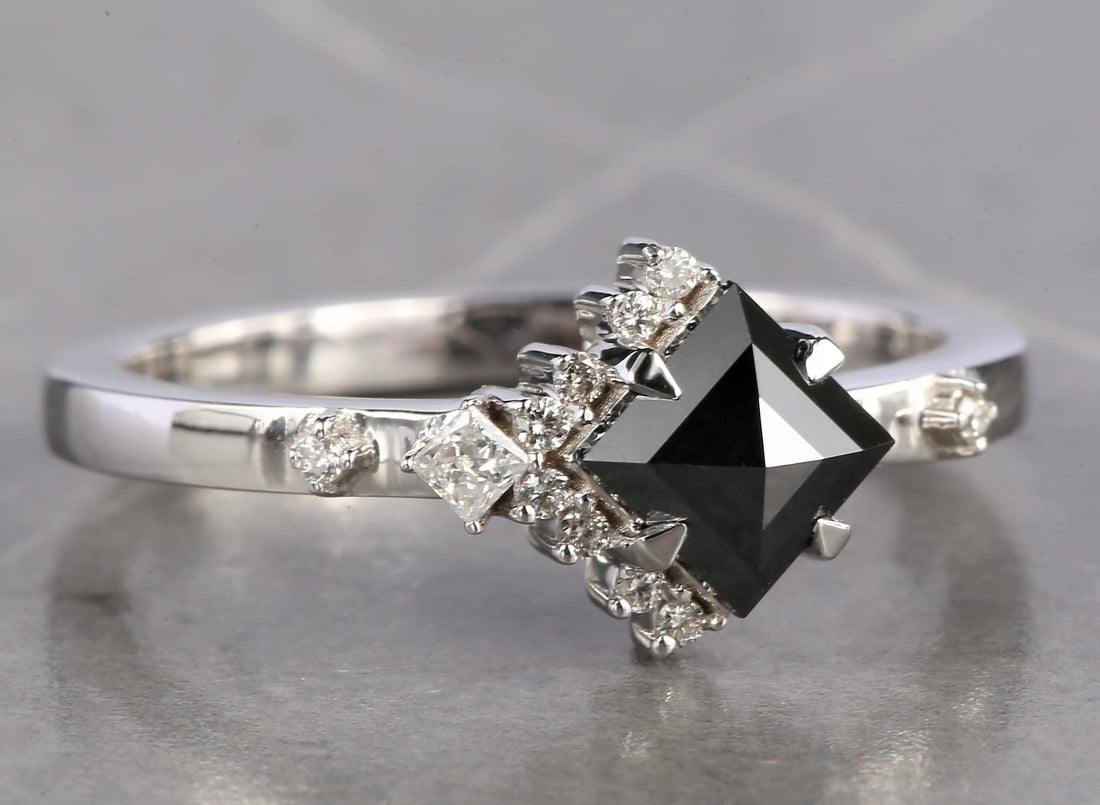 Square Cut Black Diamond Ring, Natural Diamond 14K White Gold Engagement Ring