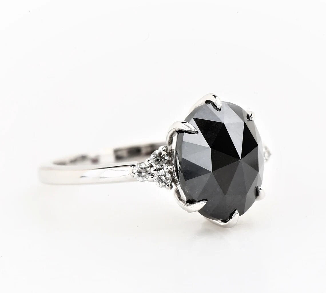 Oval Cut Black Diamond Ring, Natural Diamond 14K Rose Gold Promise Ring