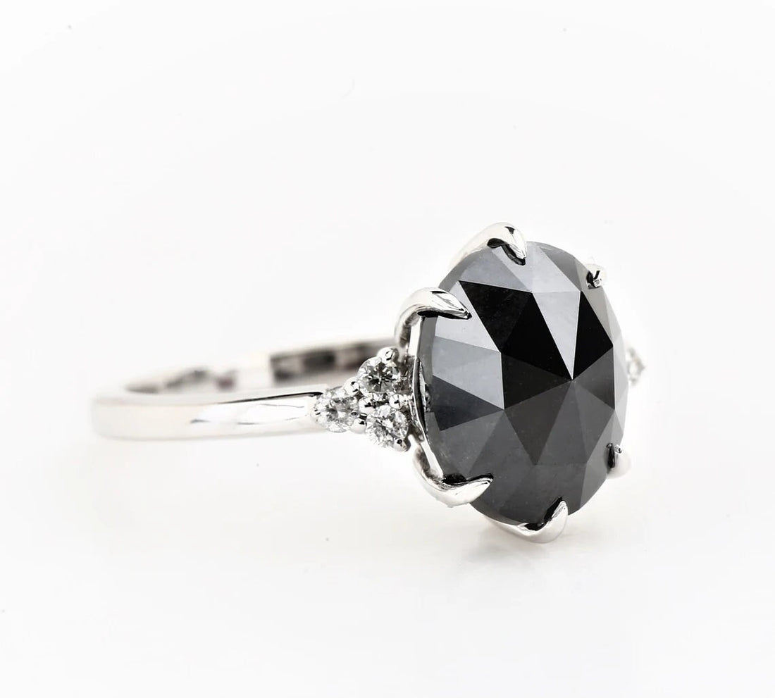Oval Cut Black Diamond Ring, Natural Diamond 14K Rose Gold Promise Ring