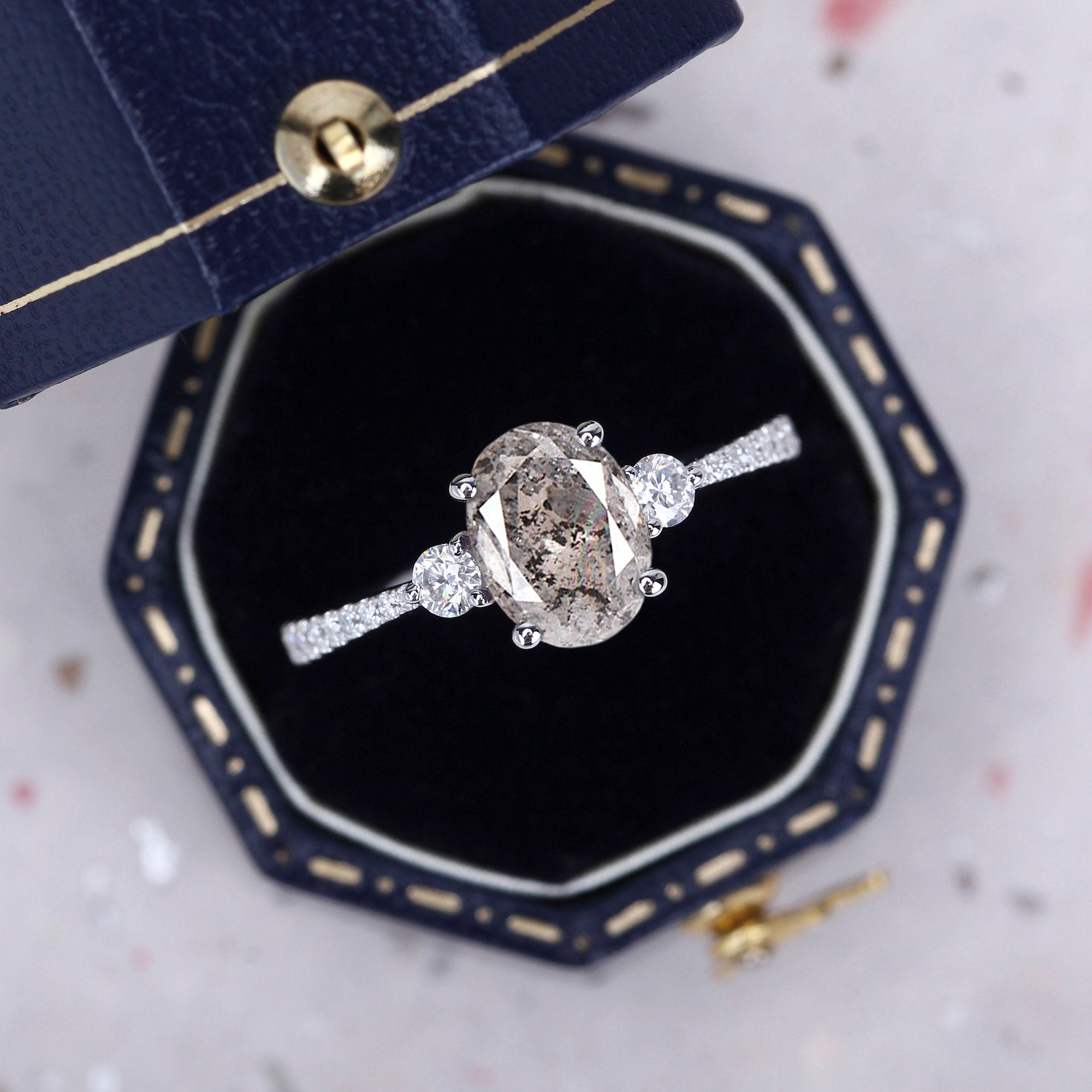 14K Rose Gold Grey Oval Cut Salt & Pepper Natural Diamond Wedding Ring