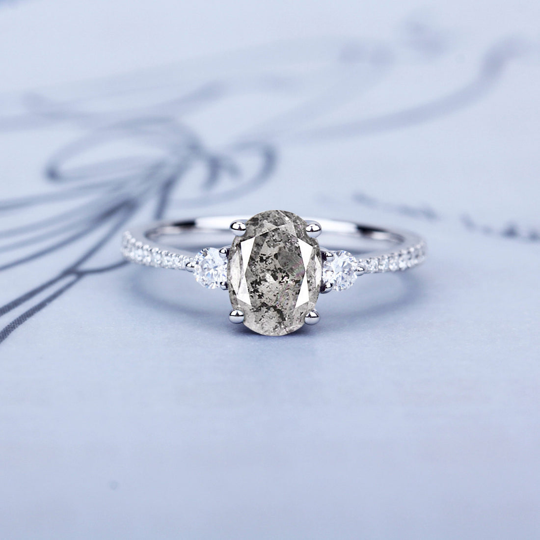 14K Rose Gold Grey Oval Cut Salt & Pepper Natural Diamond Wedding Ring
