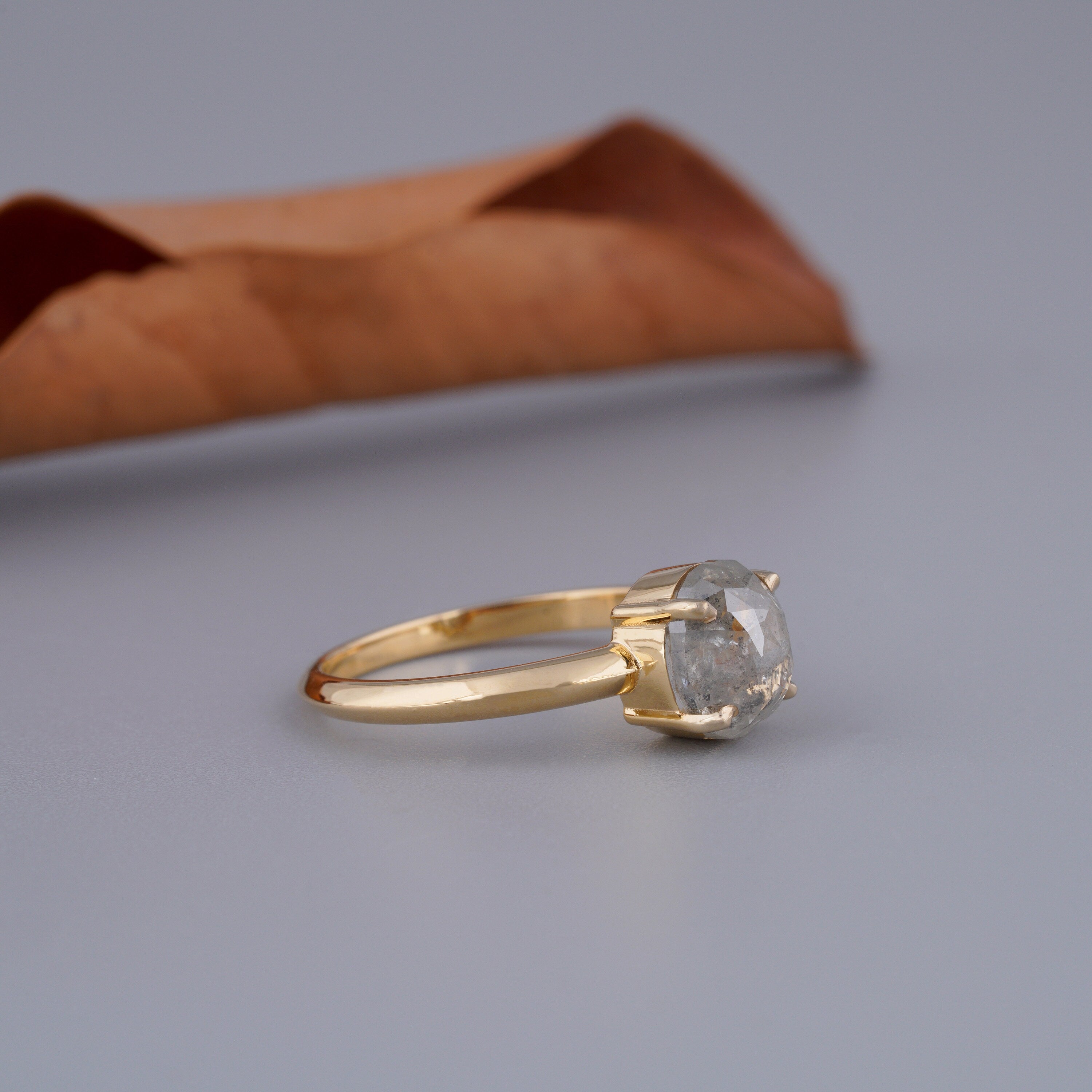 14K Yellow Gold Oval Cut Salt and Pepper Natural Diamond Engagement Ring