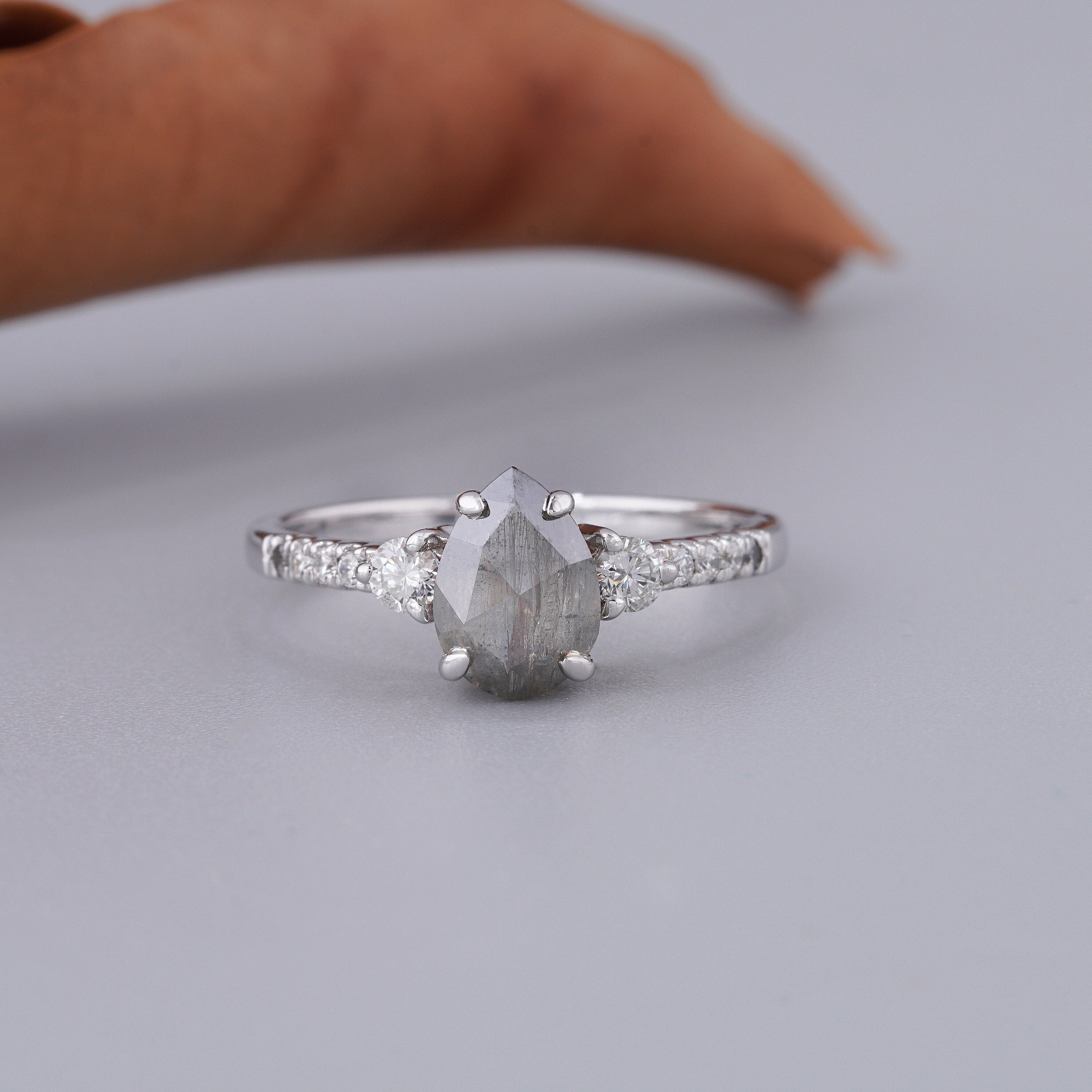 14K White Gold Pear Cut Grey Salt and Pepper Diamond Anniversary Ring