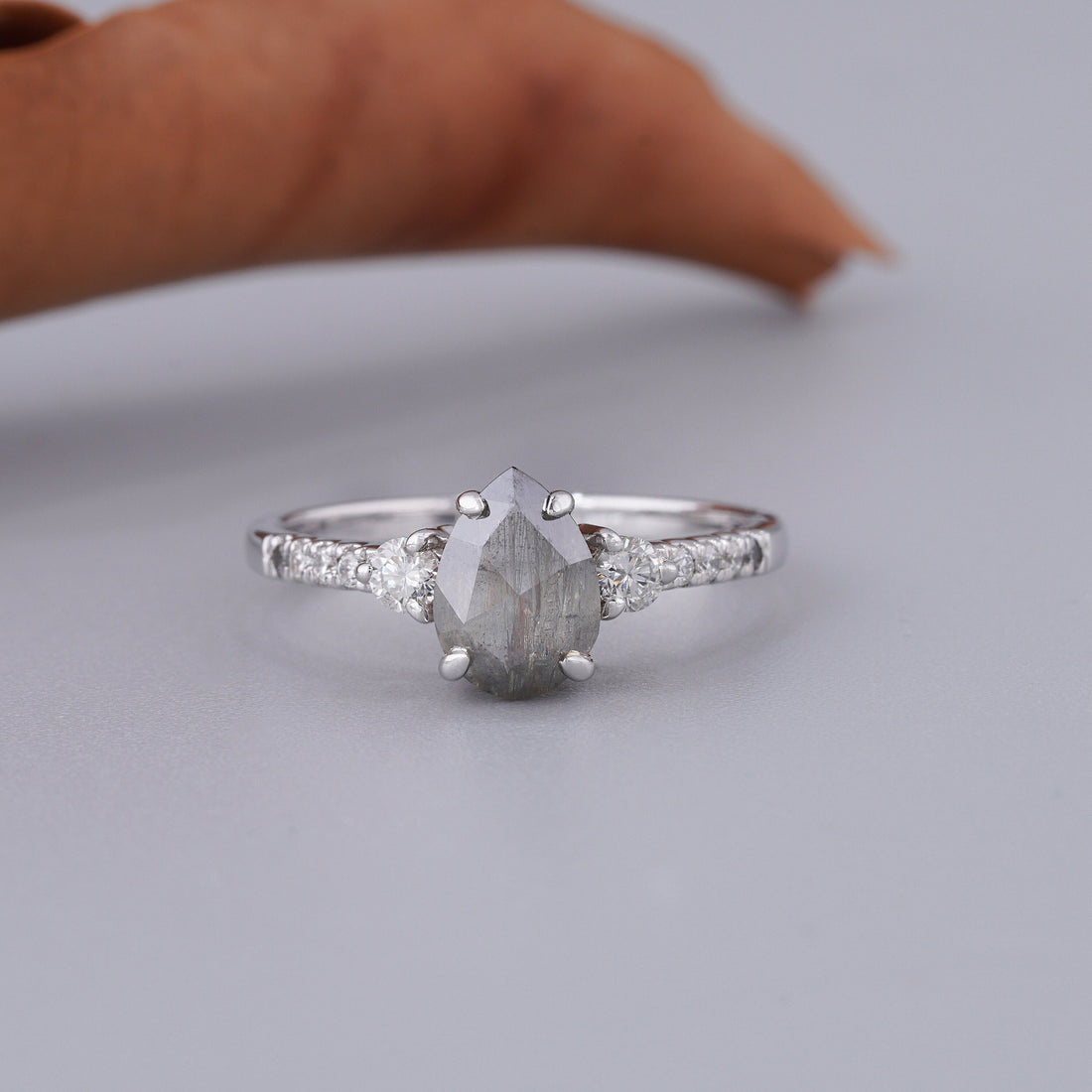 14K White Gold Pear Cut Grey Salt and Pepper Diamond Anniversary Ring