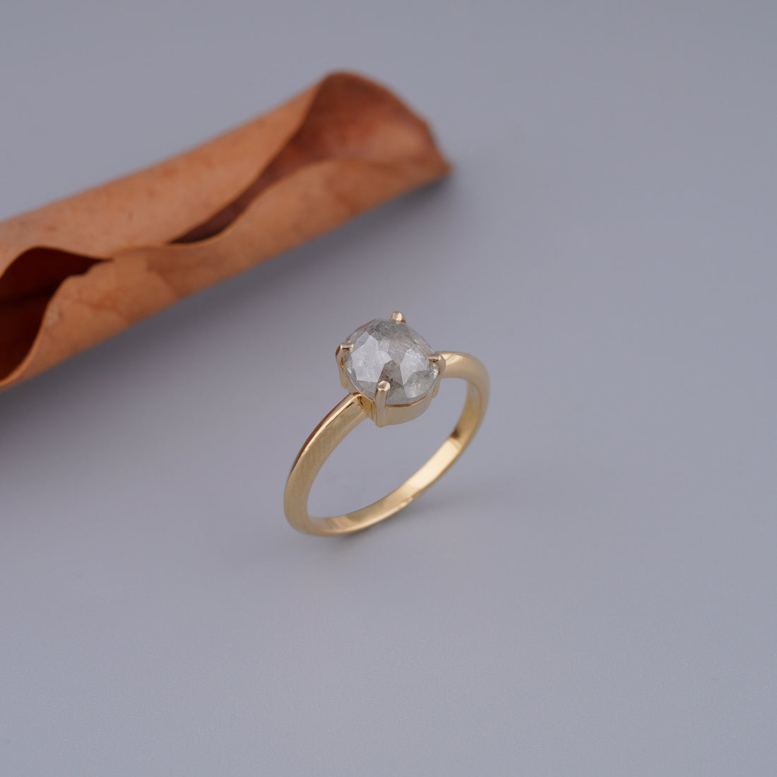 14K Yellow Gold Oval Cut Salt and Pepper Natural Diamond Engagement Ring