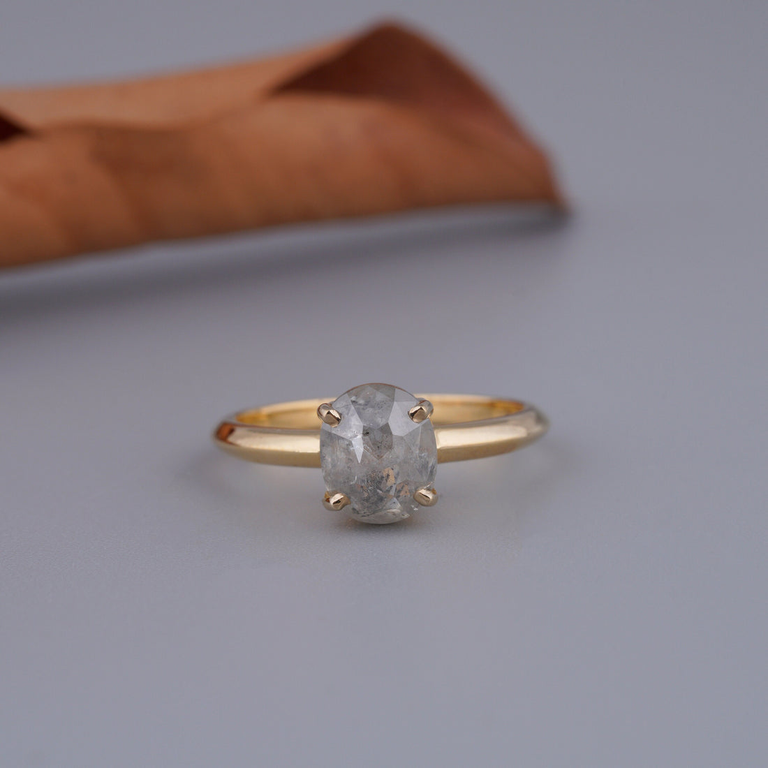 14K Yellow Gold Oval Cut Salt and Pepper Natural Diamond Engagement Ring
