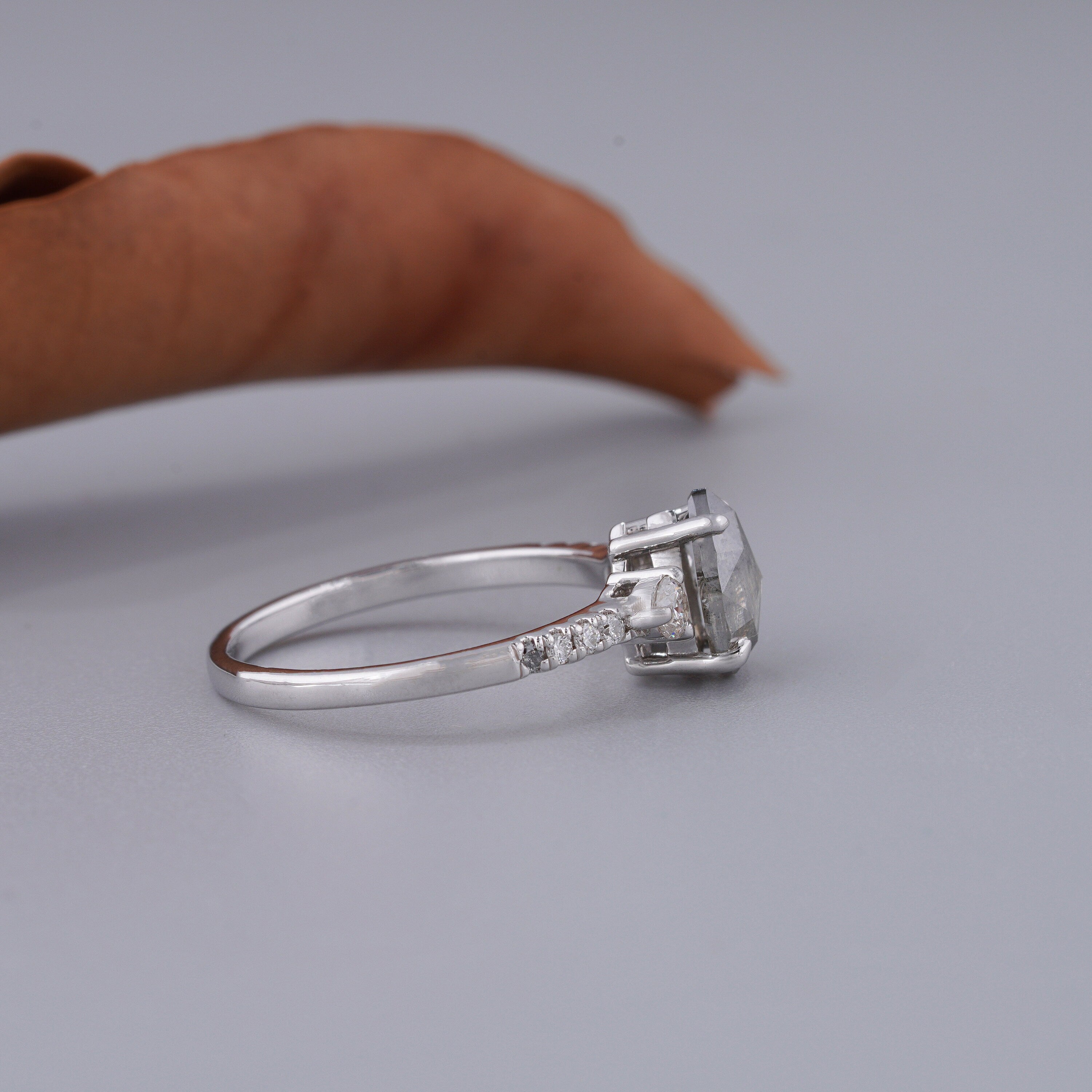 14K White Gold Pear Cut Grey Salt and Pepper Diamond Anniversary Ring