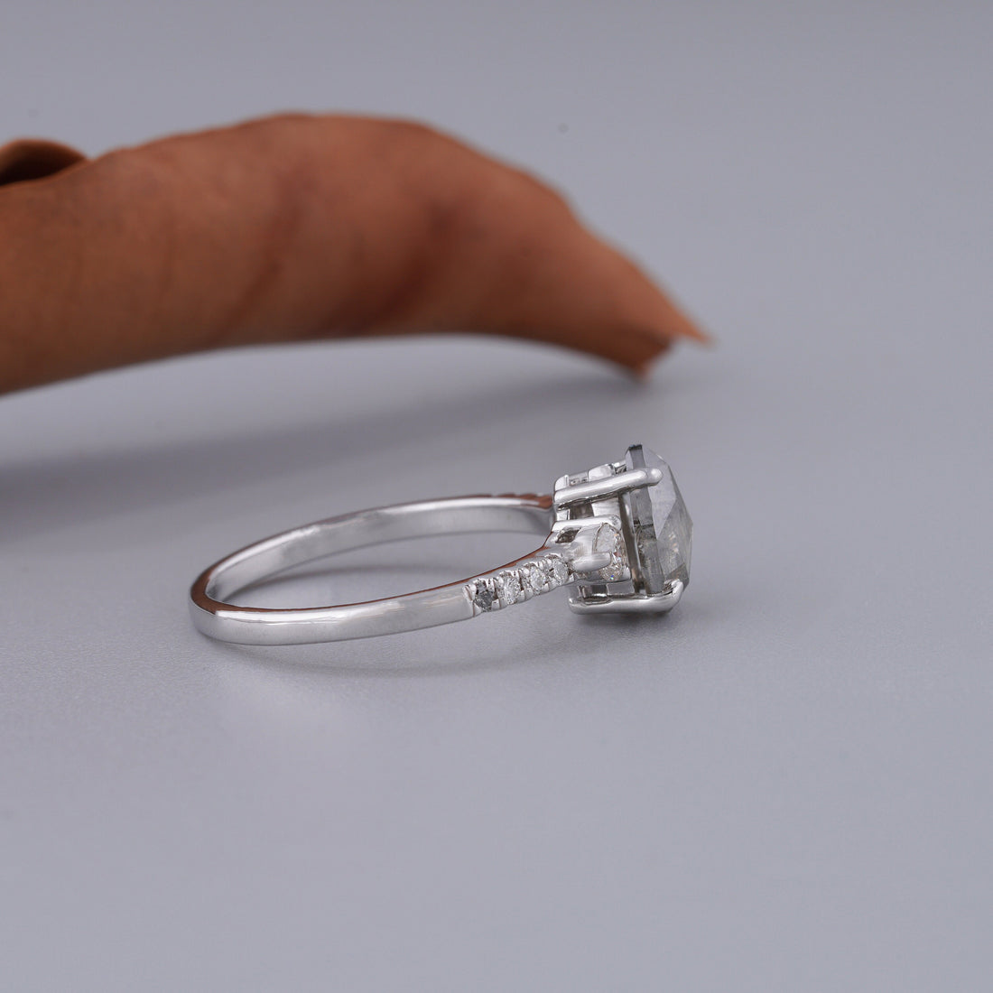 14K White Gold Pear Cut Grey Salt and Pepper Diamond Anniversary Ring