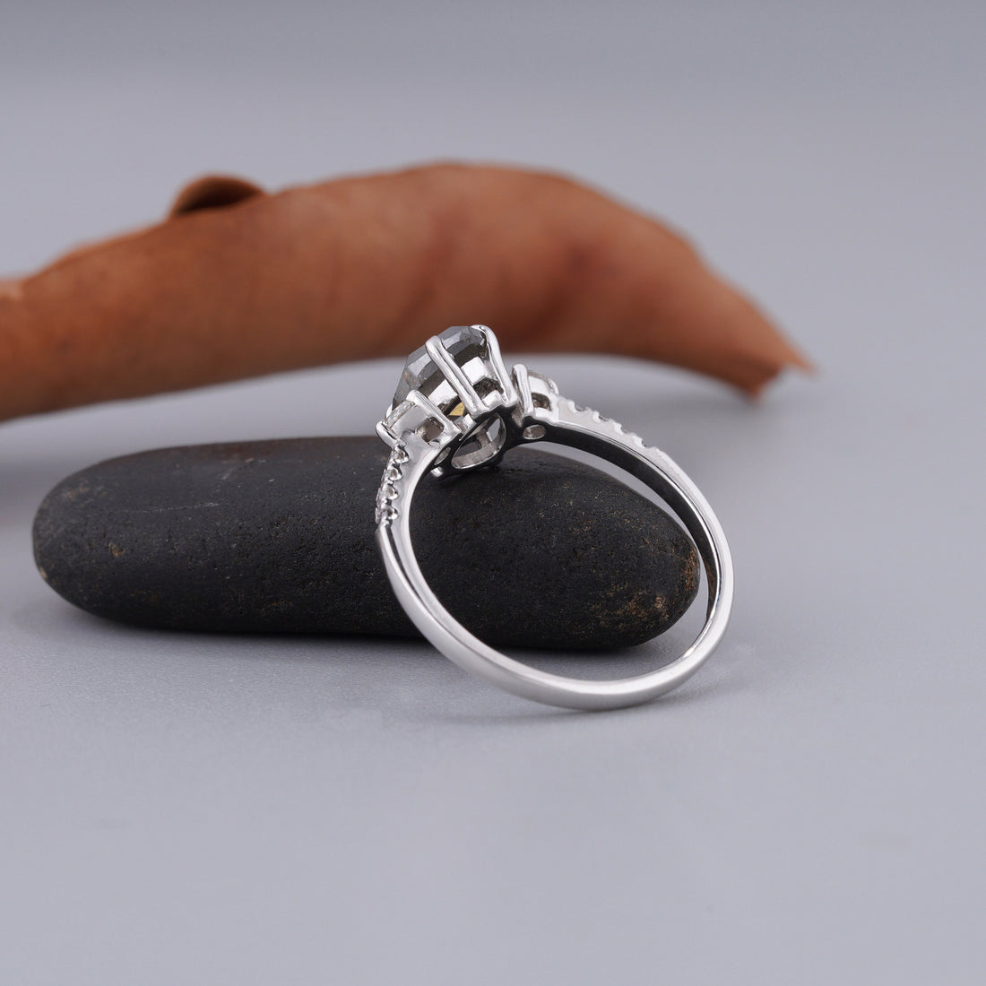14K White Gold Pear Cut Grey Salt and Pepper Diamond Anniversary Ring