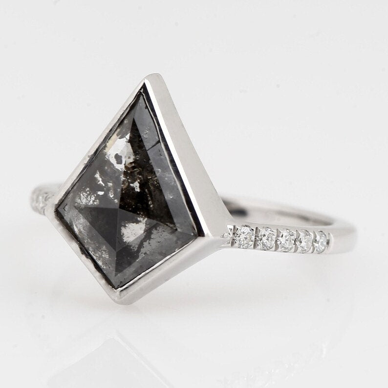 14K White Gold Grey Salt and Pepper Kite Cut Natural Diamond Engagement Ring