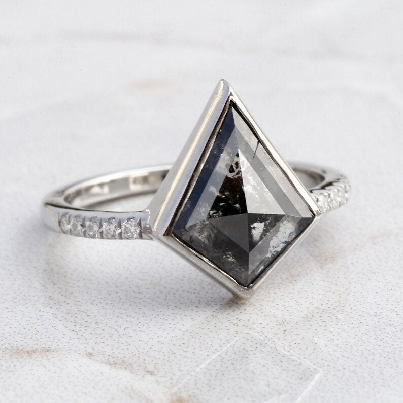 14K White Gold Grey Salt and Pepper Kite Cut Natural Diamond Engagement Ring