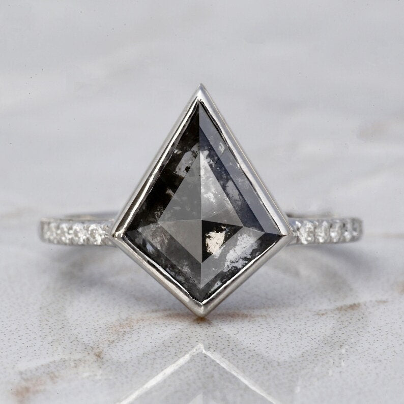 14K White Gold Grey Salt and Pepper Kite Cut Natural Diamond Engagement Ring