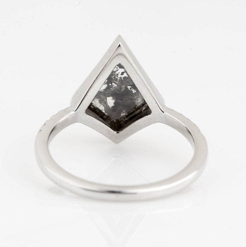 14K White Gold Grey Salt and Pepper Kite Cut Natural Diamond Engagement Ring