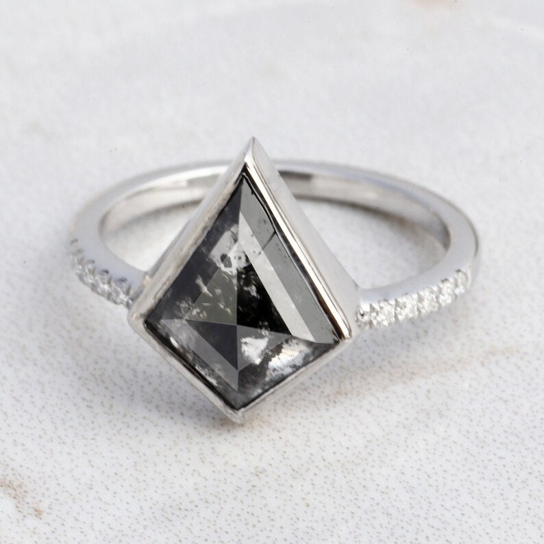 14K White Gold Grey Salt and Pepper Kite Cut Natural Diamond Engagement Ring