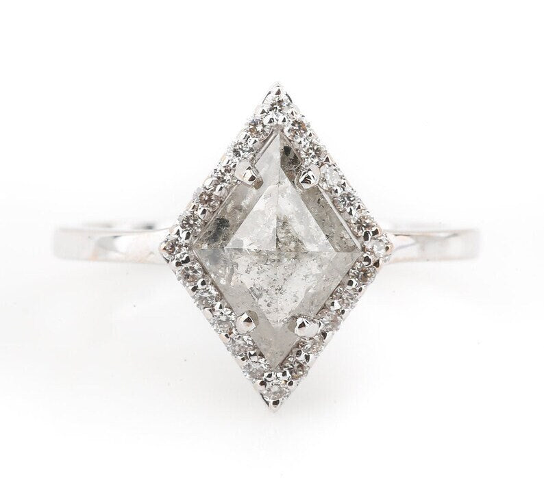 Grey Salt and Pepper Natural Kite Cut Diamond, 14K White Gold Anniversary Ring