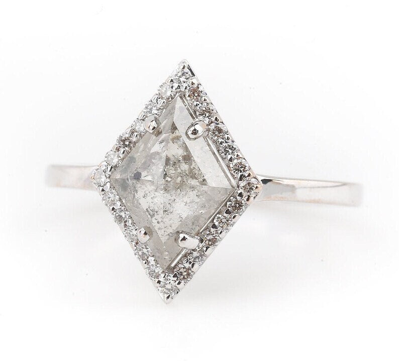 Grey Salt and Pepper Natural Kite Cut Diamond, 14K White Gold Anniversary Ring