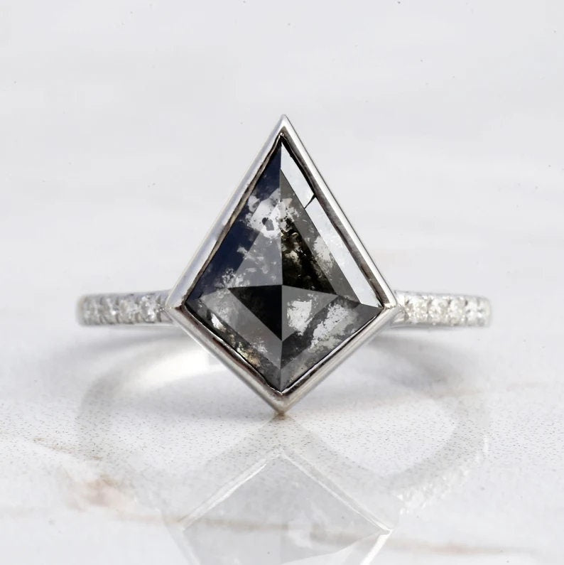 14K White Gold Grey Salt and Pepper Kite Cut Natural Diamond Engagement Ring