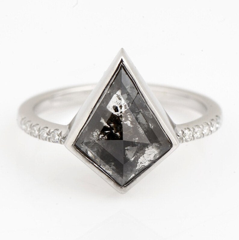 14K White Gold Grey Salt and Pepper Kite Cut Natural Diamond Engagement Ring