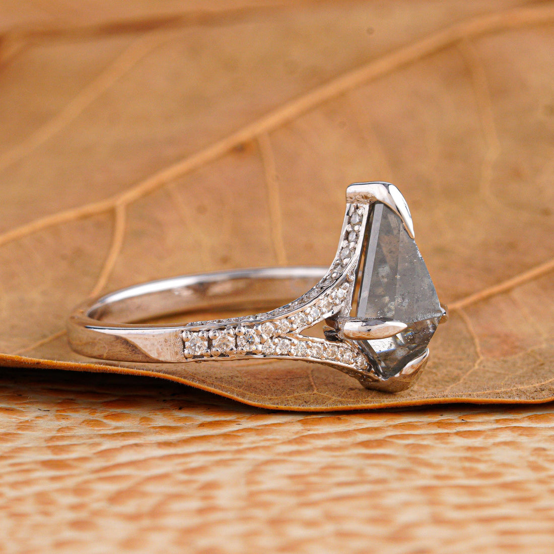14K White Gold Kite Cut Grey Salt and Pepper Diamond Wedding Ring