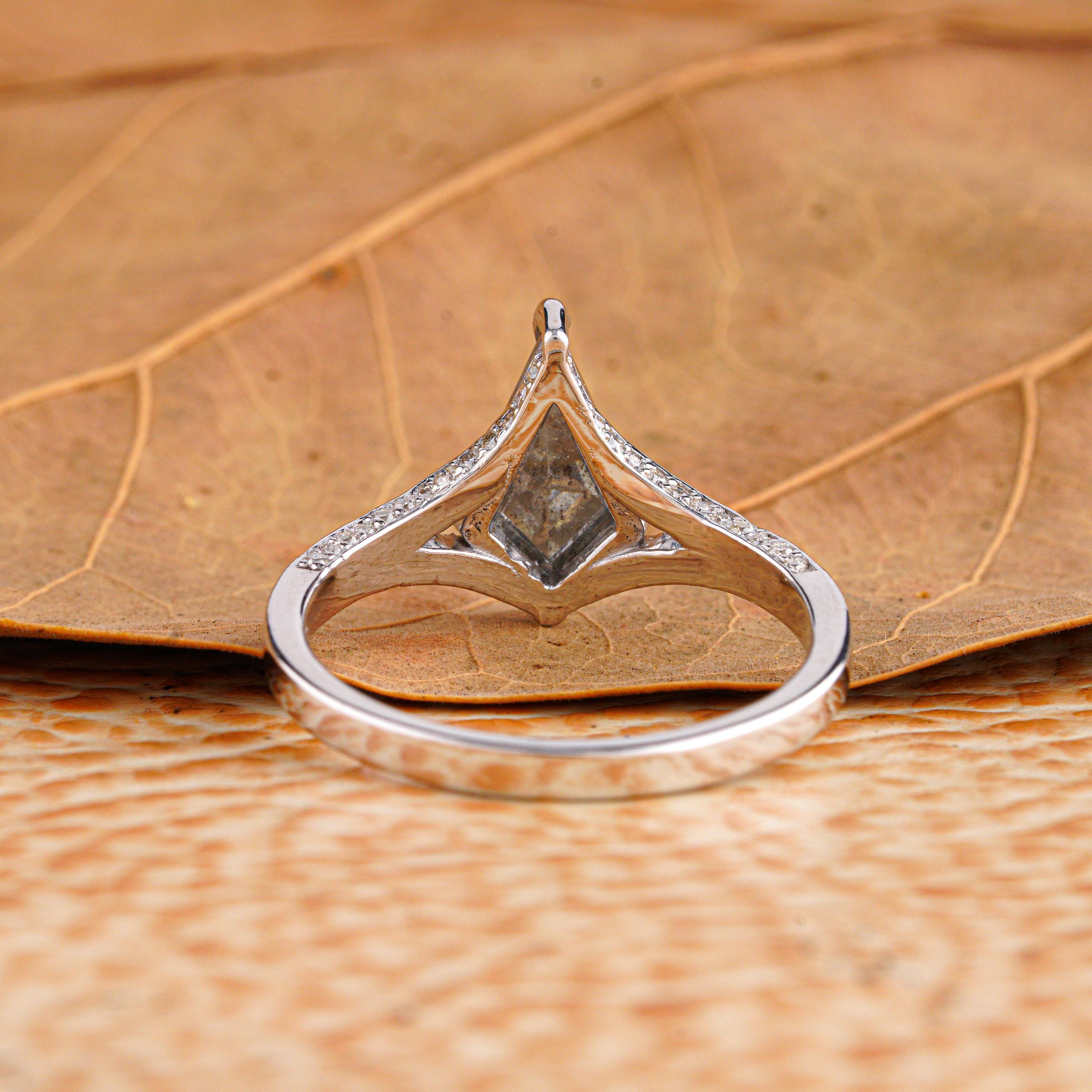 14K White Gold Kite Cut Grey Salt and Pepper Diamond Wedding Ring