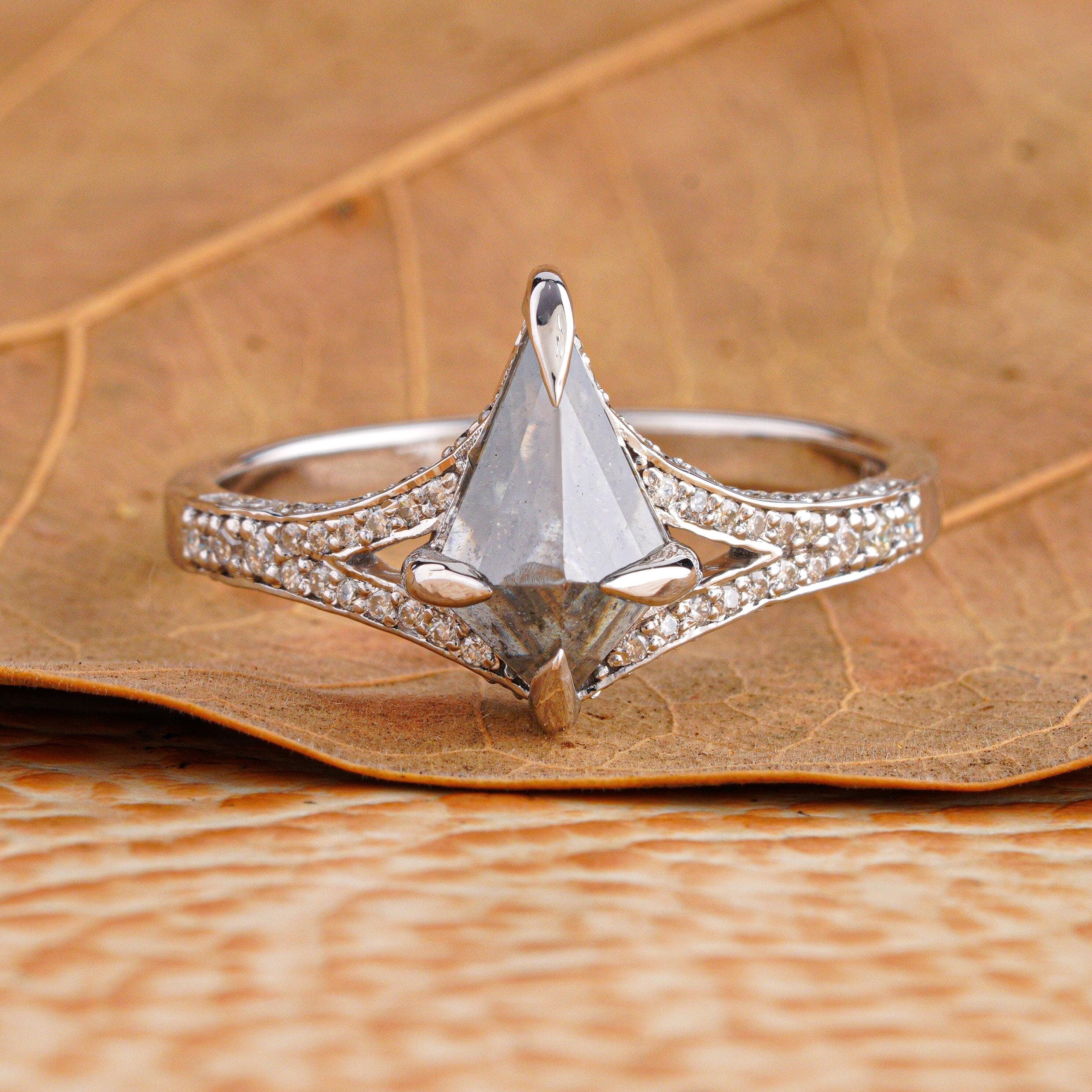 14K White Gold Kite Cut Grey Salt and Pepper Diamond Wedding Ring