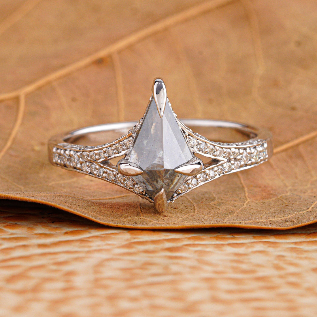 14K White Gold Kite Cut Grey Salt and Pepper Diamond Wedding Ring