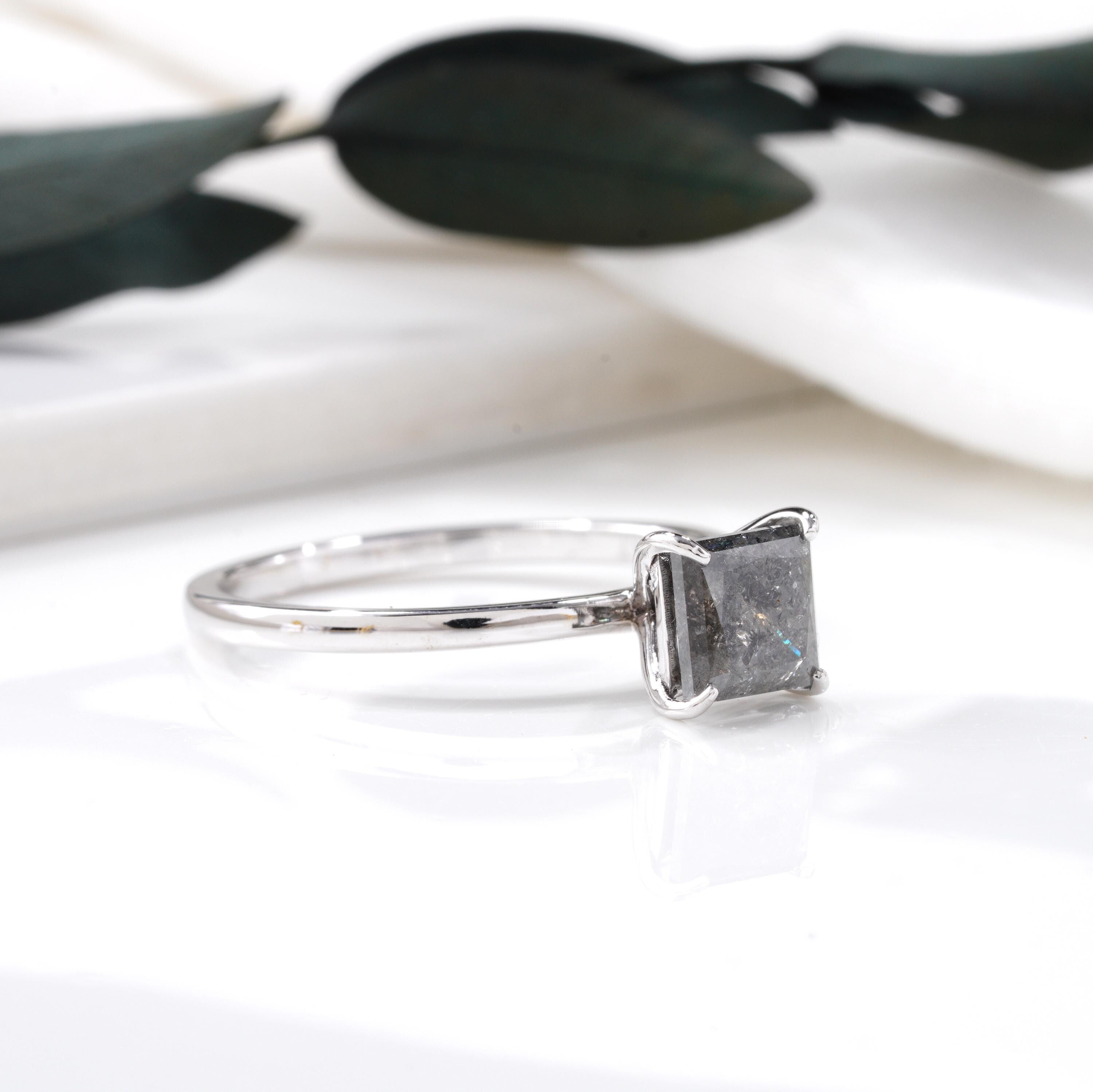 14K Yellow Gold Princess Cut Salt and Pepper Natural Diamond Wedding Ring
