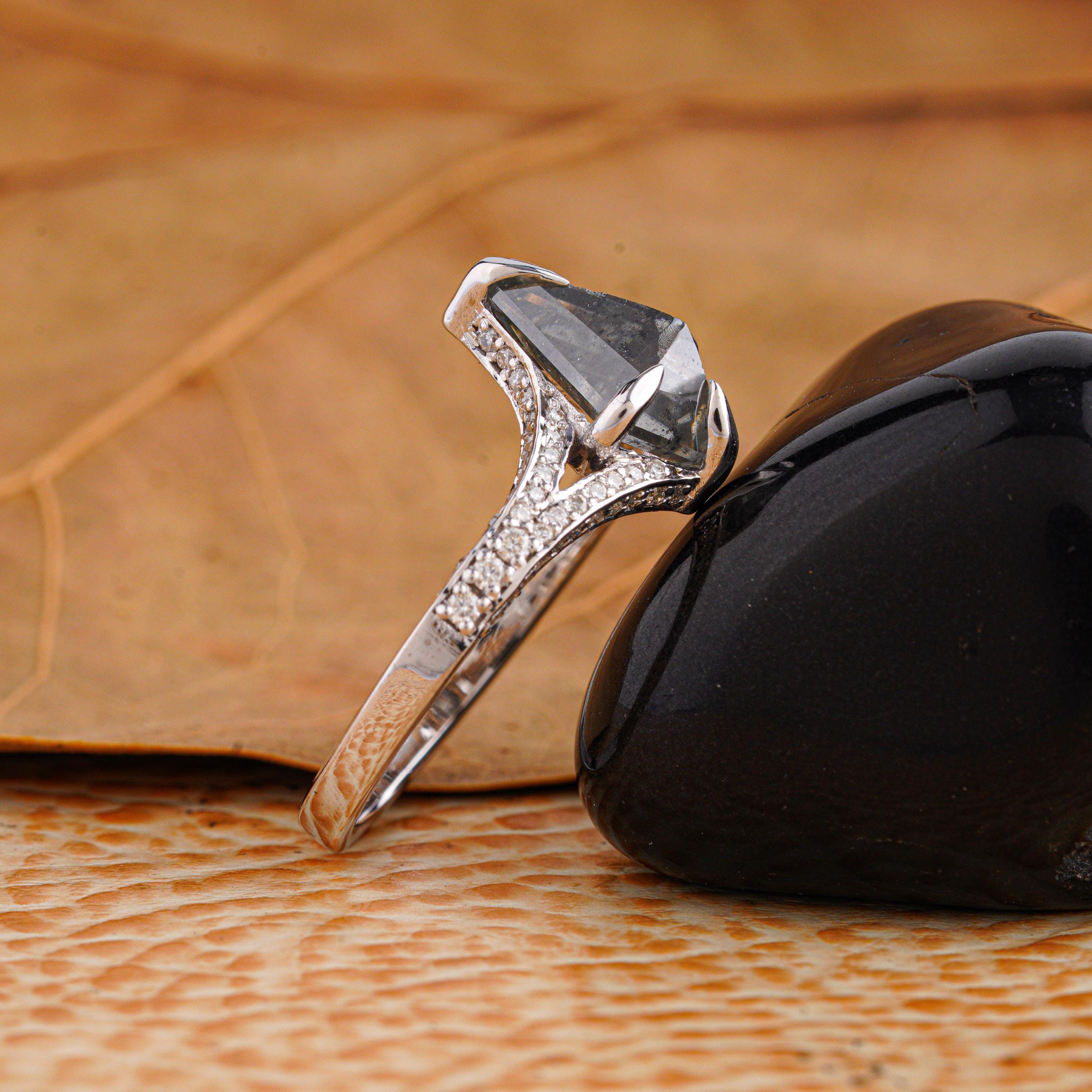14K White Gold Kite Cut Grey Salt and Pepper Diamond Wedding Ring