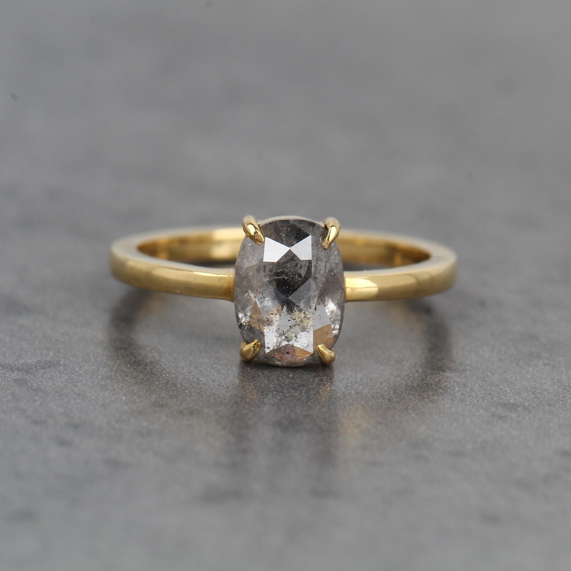 14K Yellow Gold Grey Oval Cut Salt and Pepper Natural Diamond Wedding Ring