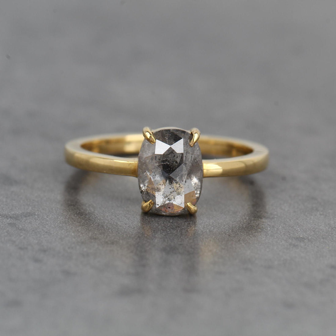14K Yellow Gold Grey Oval Cut Salt and Pepper Natural Diamond Wedding Ring