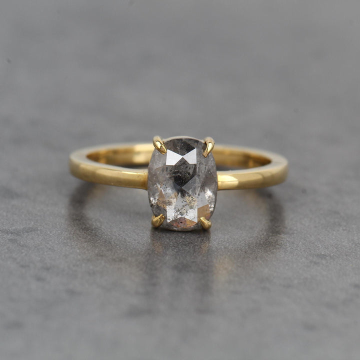 14K Yellow Gold Grey Oval Cut Salt and Pepper Natural Diamond Wedding Ring