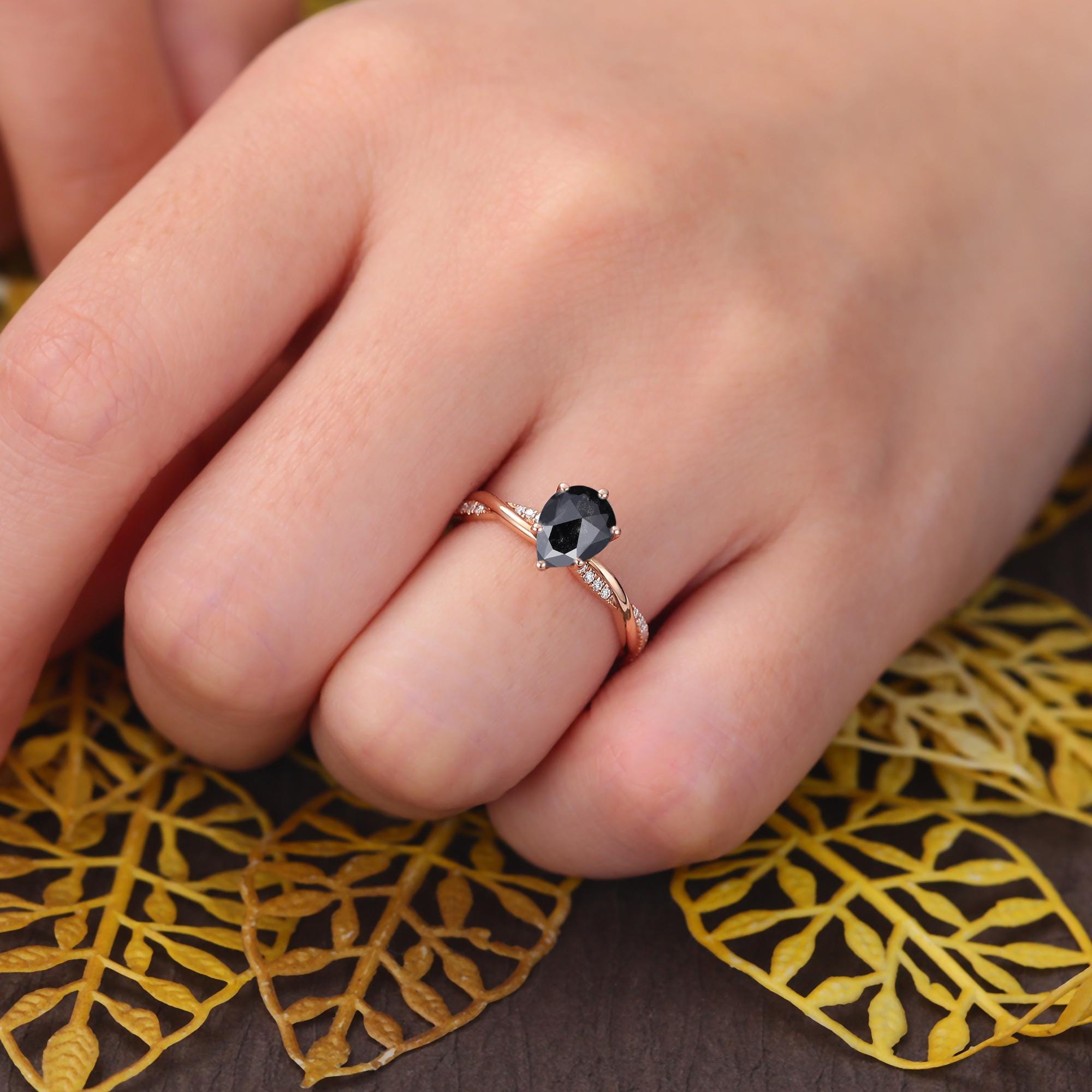 Pear Cut Black Diamond Ring, Natural Diamond 14K Rose Gold Vintage Engagement Ring
