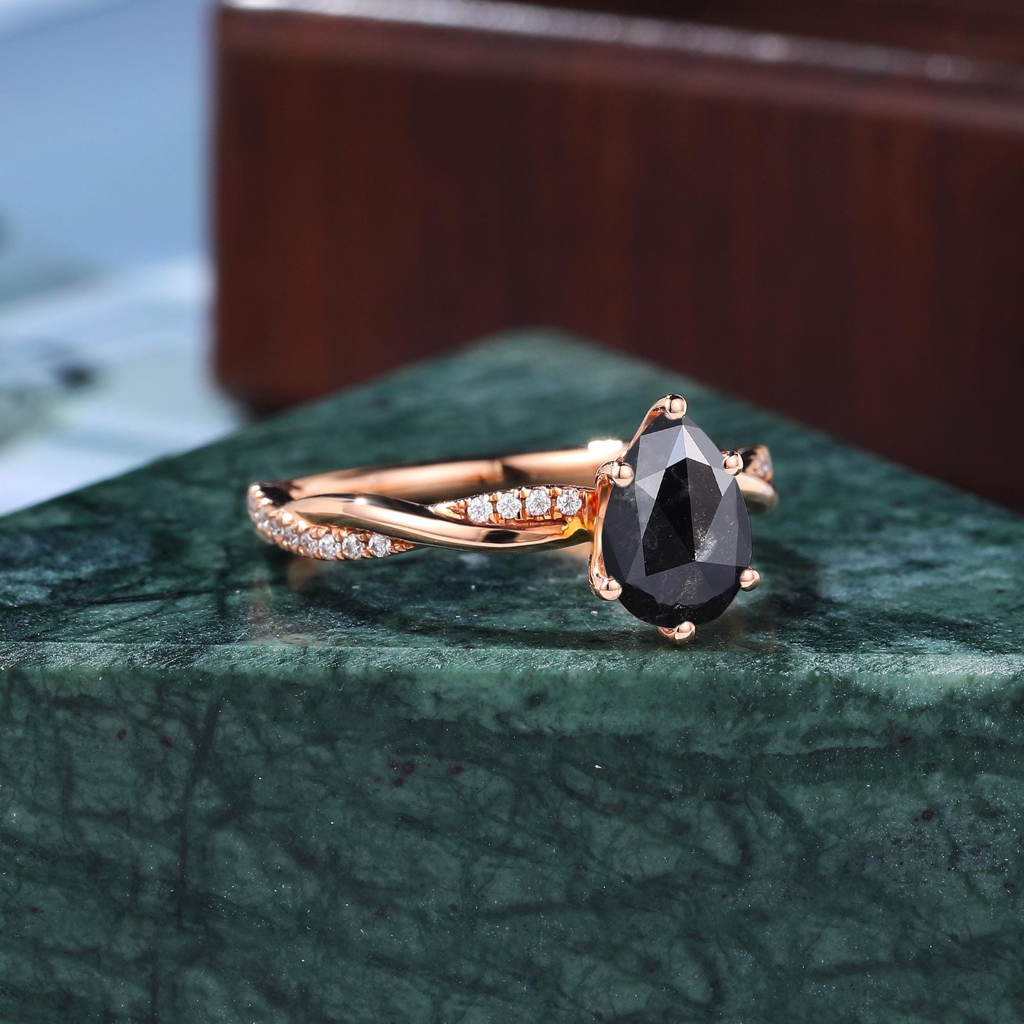 Pear Cut Black Diamond Ring, Natural Diamond 14K Rose Gold Vintage Engagement Ring