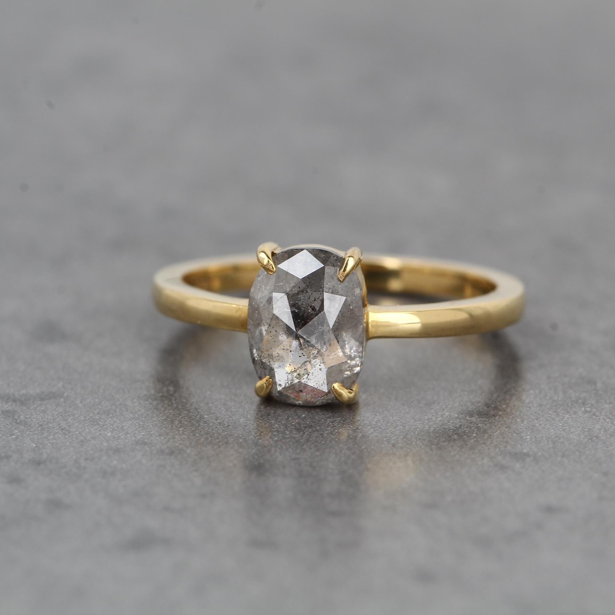 14K Yellow Gold Grey Oval Cut Salt and Pepper Natural Diamond Wedding Ring