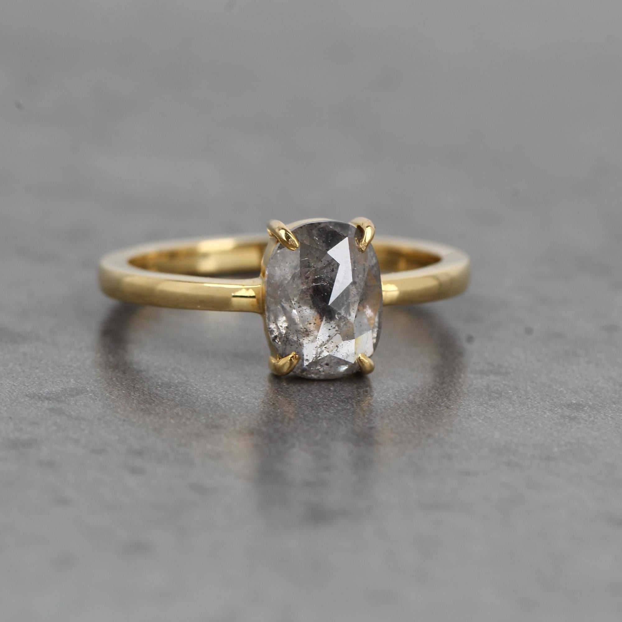 14K Yellow Gold Grey Oval Cut Salt and Pepper Natural Diamond Wedding Ring