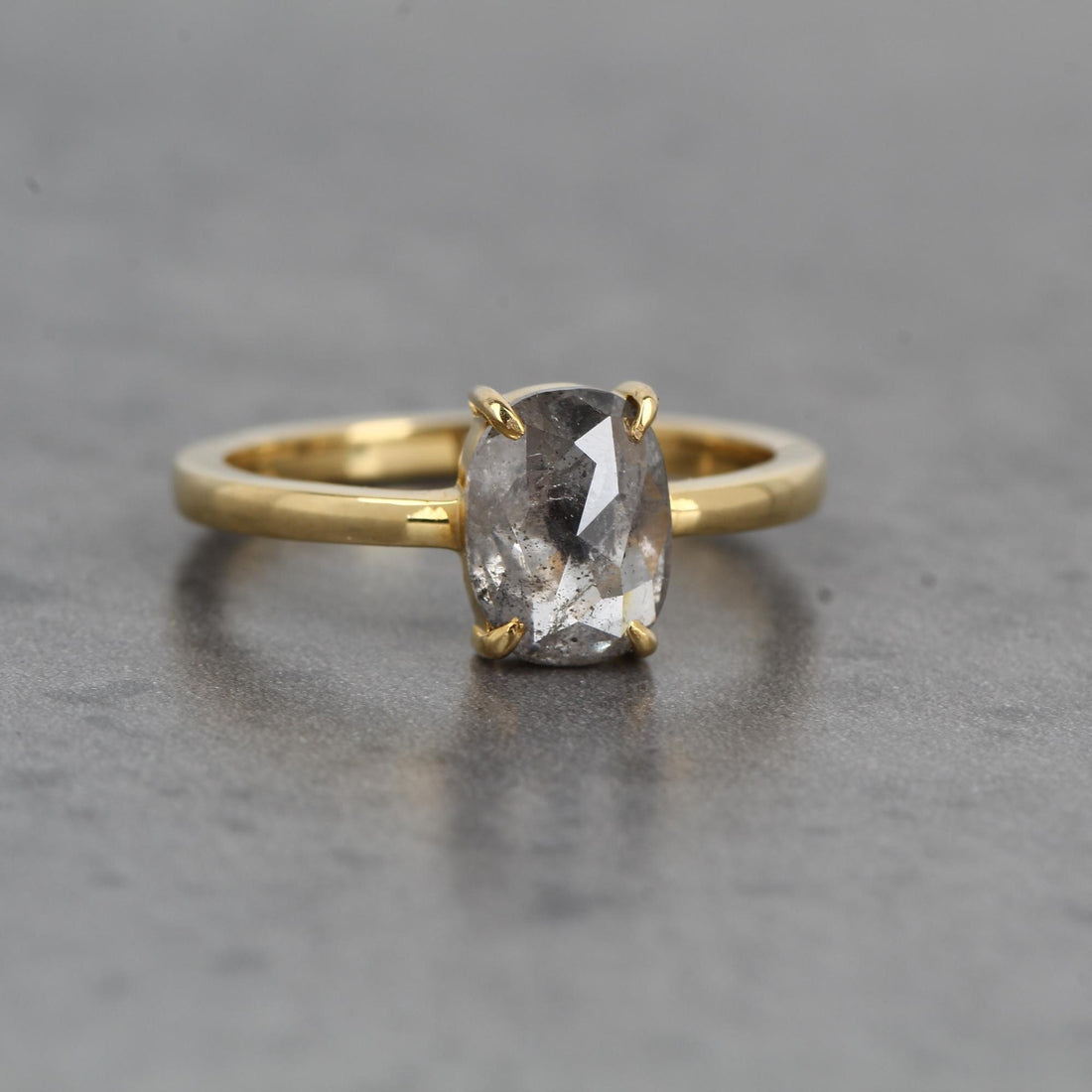 14K Yellow Gold Grey Oval Cut Salt and Pepper Natural Diamond Wedding Ring