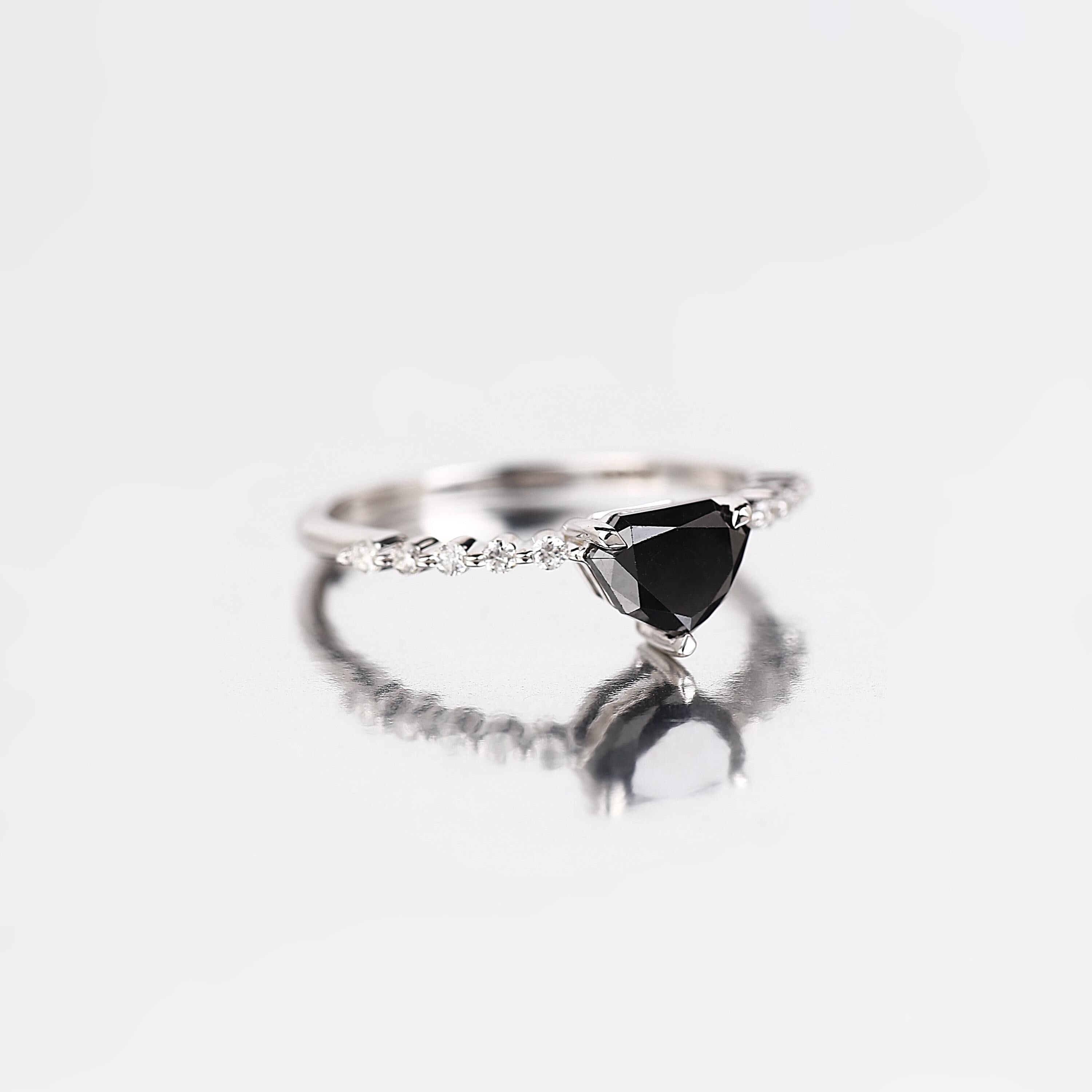 Shield Cut Black Diamond Ring, Natural Diamond 14K Rose Gold Minimalist Wedding Ring